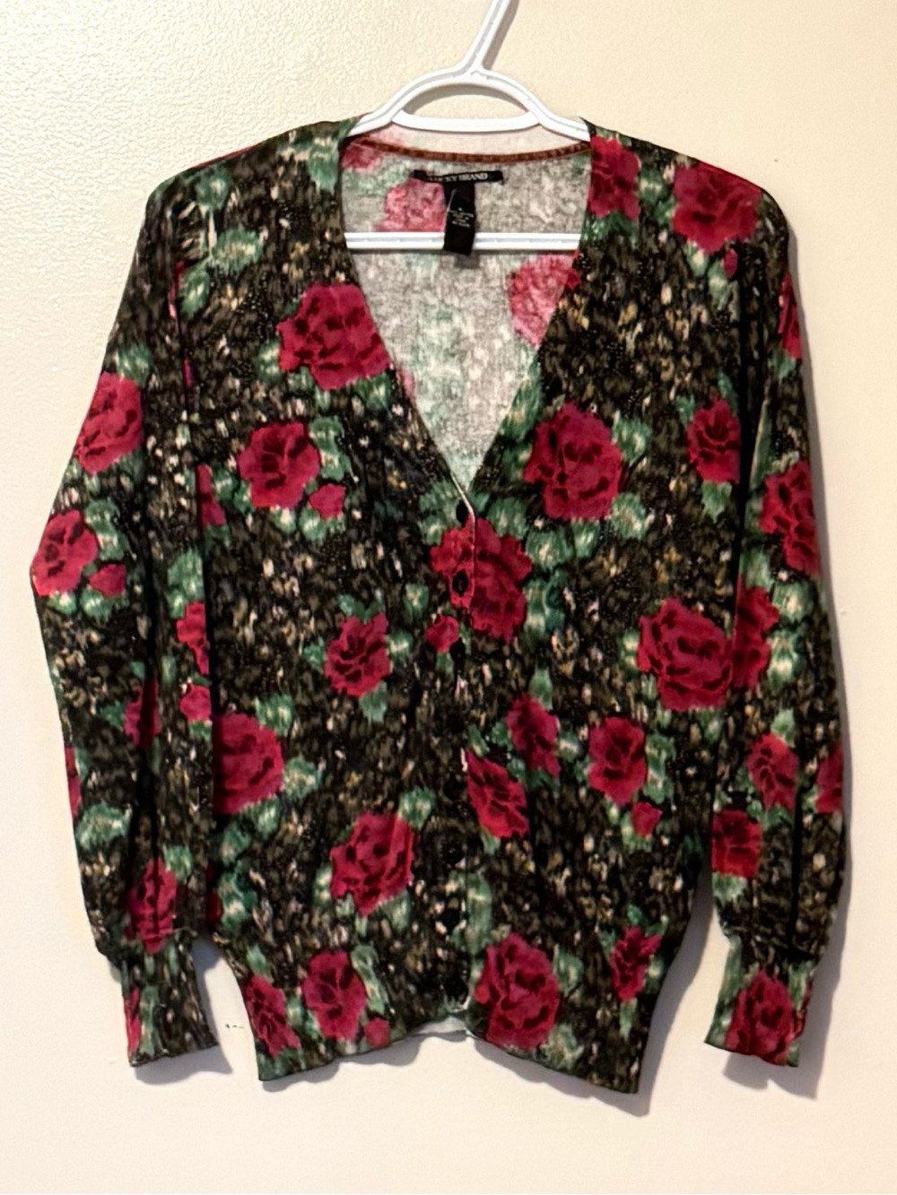 Lucky Brand Black Button-Front Top with Red Rose Print